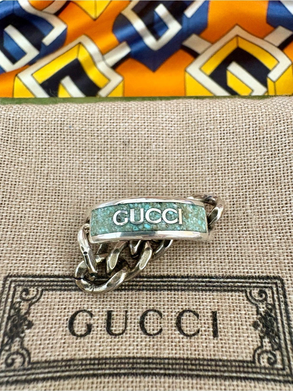 AUTHENTIC GUCCI Plate Ring RARE SET Teal 925 Silver Sz 9 Turquoise Green Inlay - Picture 2 of 10